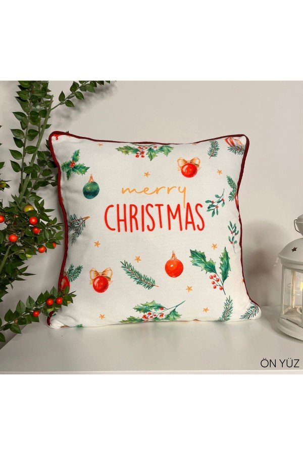 Merry Christmas Sloganlı Dekoratif Kırlent Kılıfı Bordo Fitilli Merry Christmas Sloganlı Dekoratif Kırlent Kılıfı Bordo Fitilli