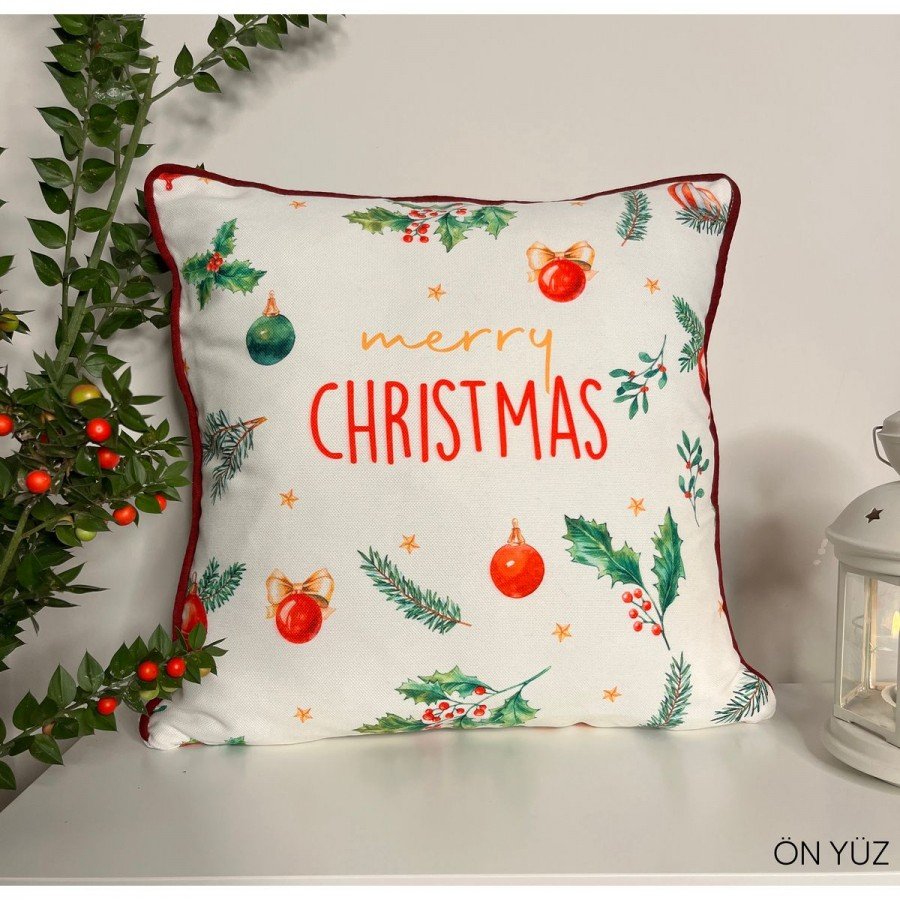 Merry Christmas Sloganlı Dekoratif Kırlent Kılıfı Bordo Fitilli