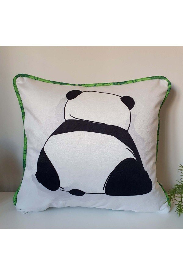 Oyuncu ve Utangaç Panda Desenli Bambu Fitilli Kadife Kırlent Kılıfı Oyuncu ve Utangaç Panda Desenli Bambu Fitilli Kadife Kırlent Kılıfı