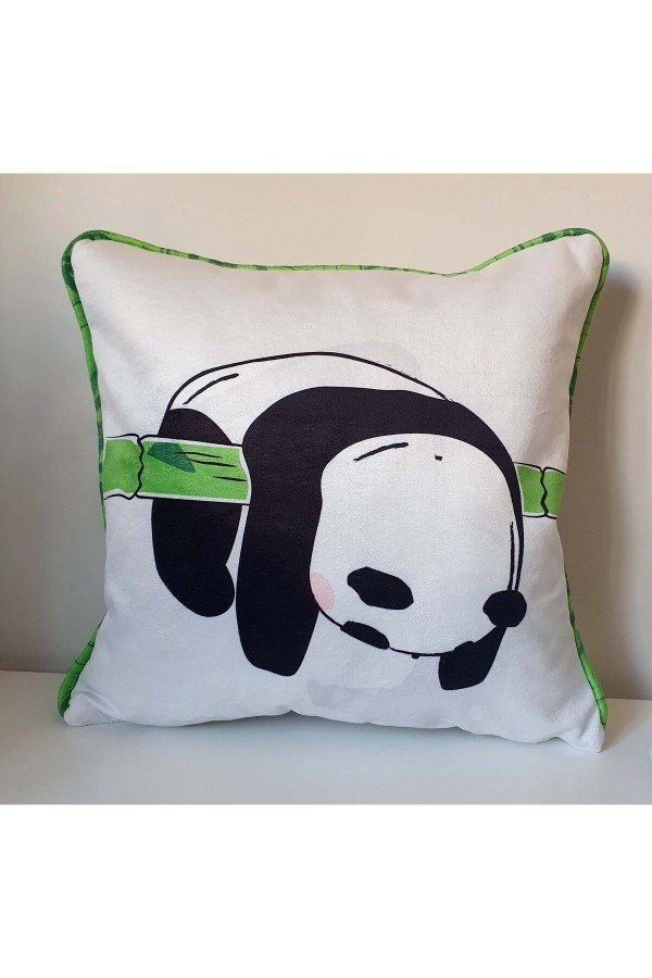Yorgun Panda Desenli Bambu Fitil Tasarımlı Kadife Kırlent Kılıfı Yorgun Panda Desenli Bambu Fitil Tasarımlı Kadife Kırlent Kılıfı