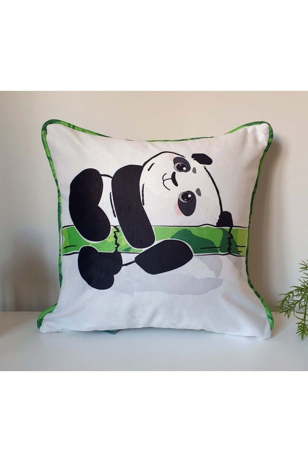 Uykucu Panda Desenli Bambu Fitil Tasarımlı Kadife Kırlent Kılıfı Uykucu Panda Desenli Bambu Fitil Tasarımlı Kadife Kırlent Kılıfı