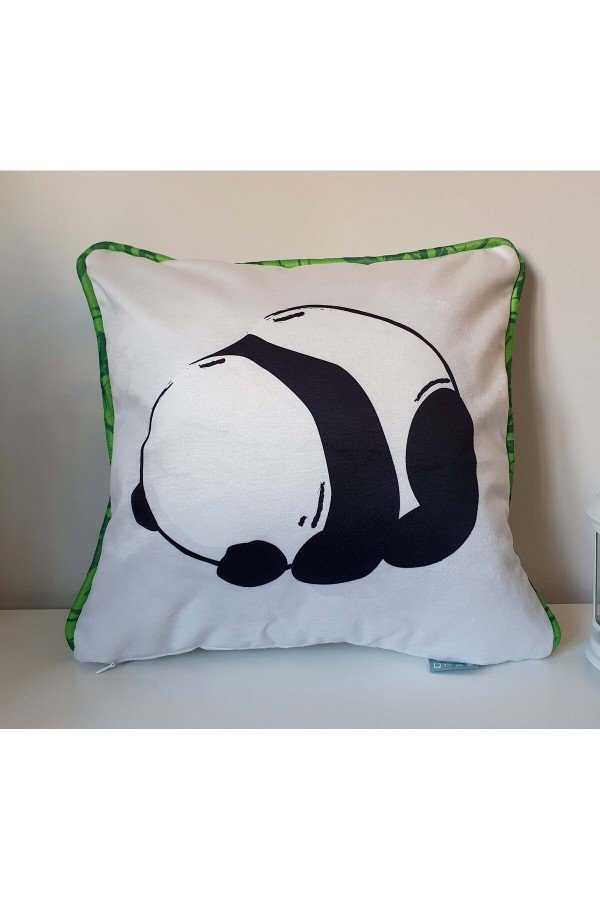 Yorgun Panda Desenli Bambu Fitil Tasarımlı Kadife Kırlent Kılıfı Yorgun Panda Desenli Bambu Fitil Tasarımlı Kadife Kırlent Kılıfı