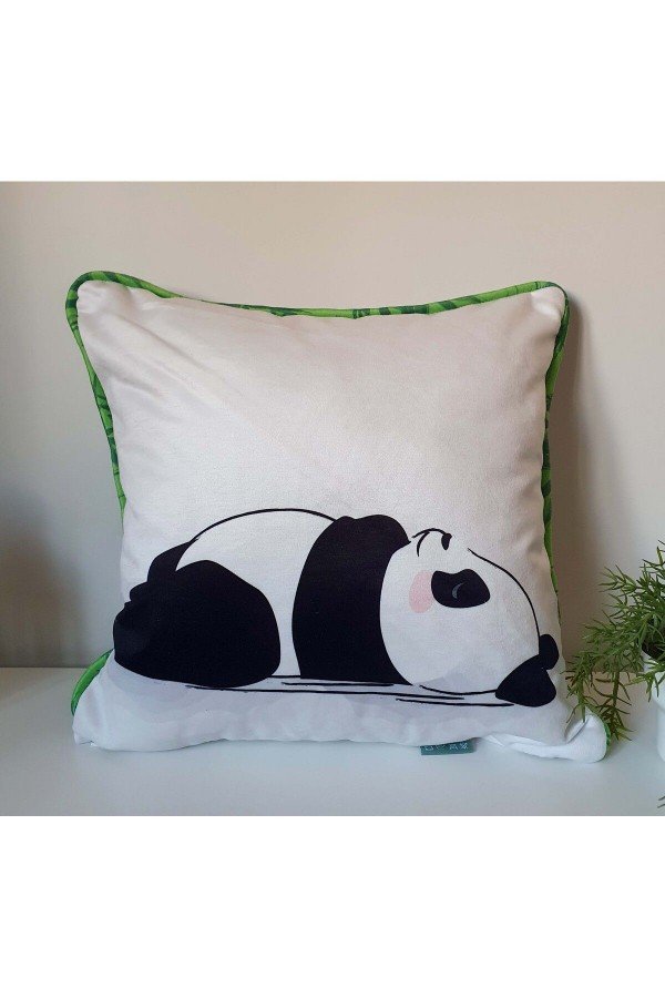 Uykucu Panda Desenli Bambu Fitil Tasarımlı Kadife Kırlent Kılıfı Uykucu Panda Desenli Bambu Fitil Tasarımlı Kadife Kırlent Kılıfı