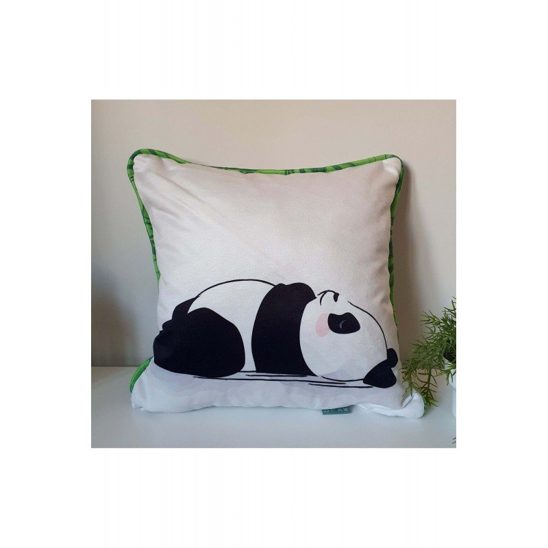 Uykucu Panda Desenli Bambu Fitil Tasarımlı Kadife Kırlent Kılıfı