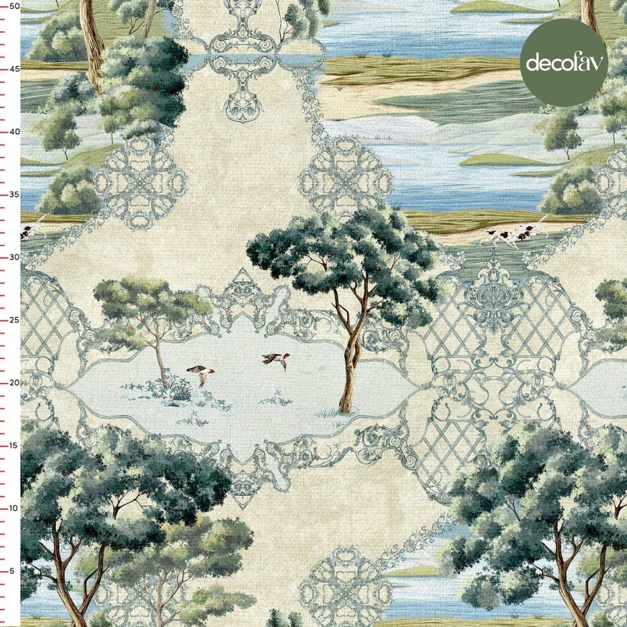 Manzara Desenli Damask Detaylı Dijital Baskılı Kumaş