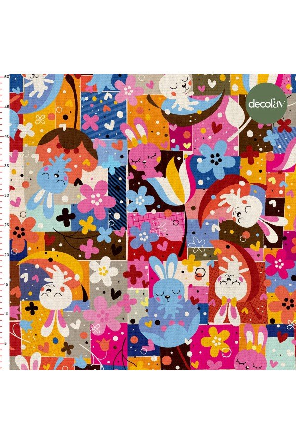 Çocuksu Tavşan İllüstrasyon Patchwork Desenli Dijital Baskılı Kumaş Çocuksu Tavşan İllüstrasyon Patchwork Desenli Dijital Baskılı Kumaş
