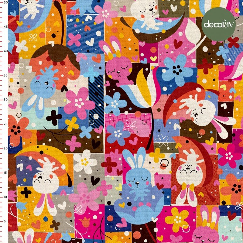 Çocuksu Tavşan İllüstrasyon  Patchwork Desenli Dijital Baskılı Kumaş