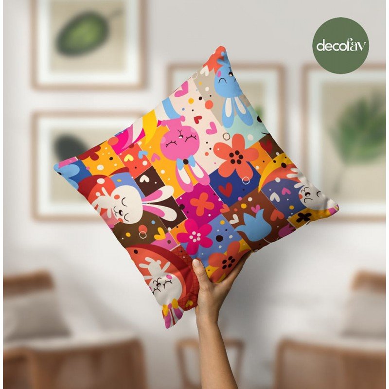 Çocuksu Tavşan İllüstrasyon  Patchwork Desenli Dijital Baskılı Kumaş