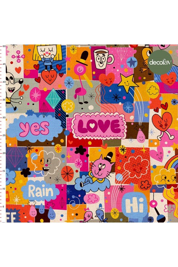 Çocuksu Köpek Kuş Kalp Bulut Yıldız İllüstrasyon  Patchwork Desenli Dijital Baskılı Kumaş