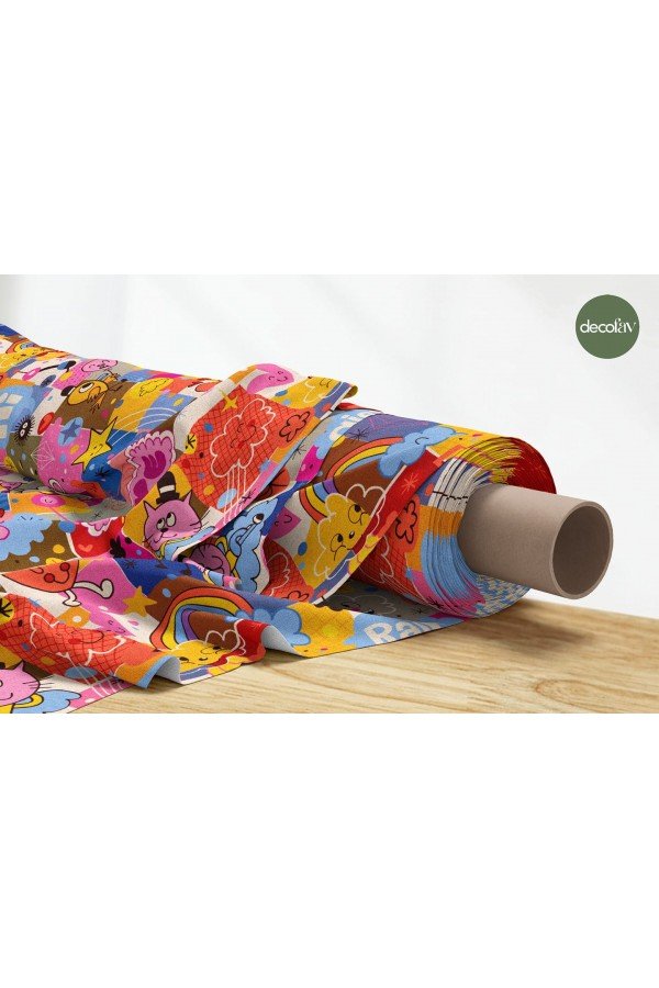 Çocuksu Köpek Kuş Kalp Bulut Yıldız İllüstrasyon  Patchwork Desenli Dijital Baskılı Kumaş