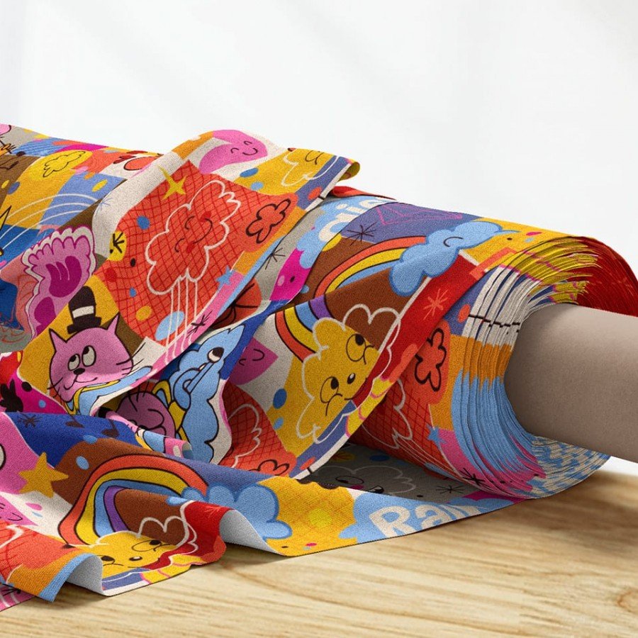 Çocuksu Köpek Kuş Kalp Bulut Yıldız İllüstrasyon  Patchwork Desenli Dijital Baskılı Kumaş