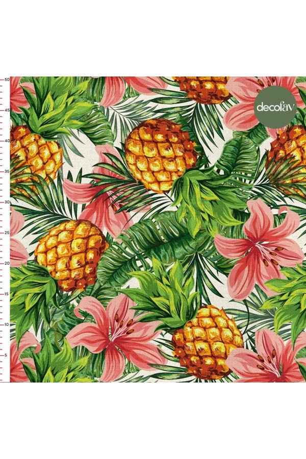 Tropik Sulu Boya Ananas Yaprak Desenli Dijital Baskılı Kumaş