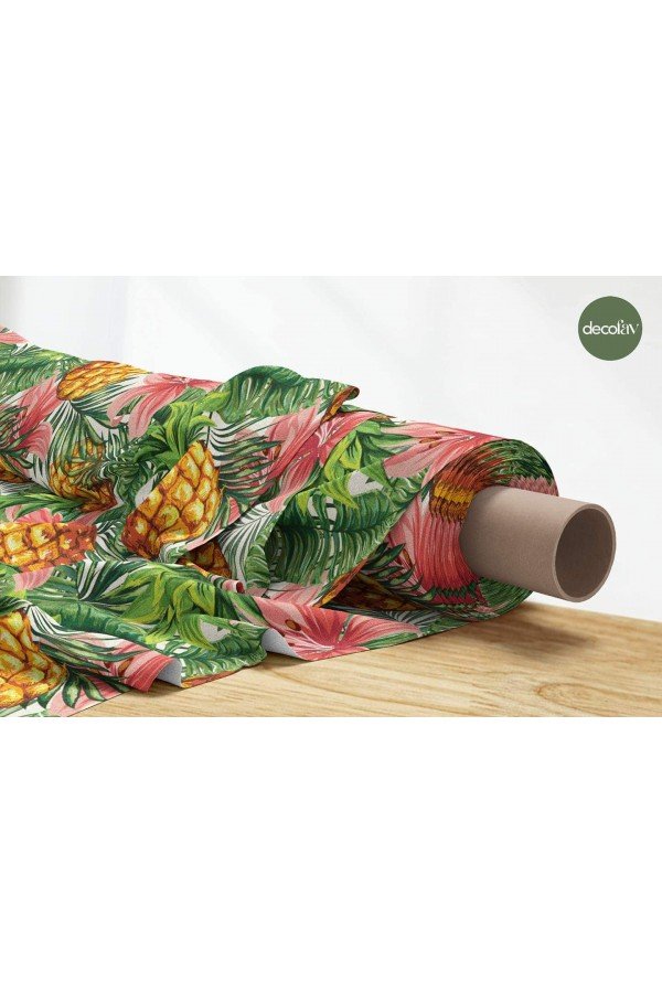 Tropik Sulu Boya Ananas Yaprak Desenli Dijital Baskılı Kumaş