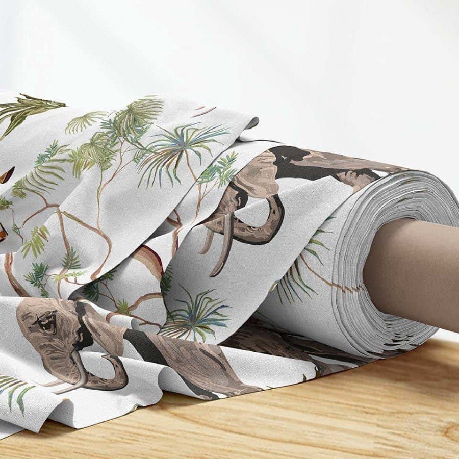 Safari Hayvan Fil Zürafa Flamingo Zebra Ağaç Desenli Dijital Baskılı Kumaş