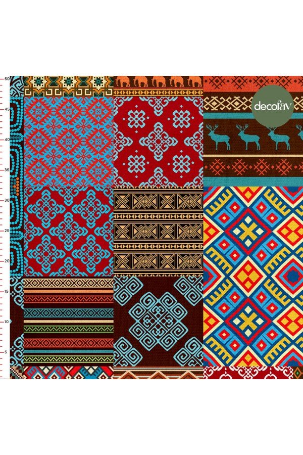 Yılbaşı Temalı Patchwork Etnik İkat Desenli Dijital Baskılı Kumaş