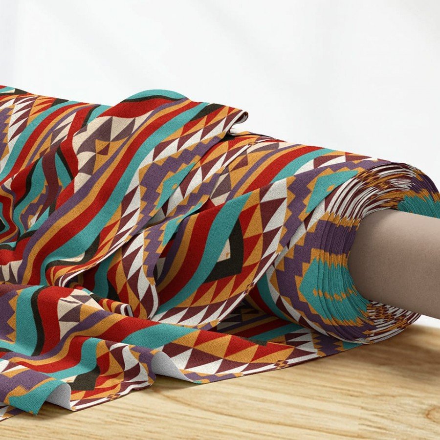 El Çizimi Kilim Etnik Geometrik Desenli Dijital Baskılı Kumaş