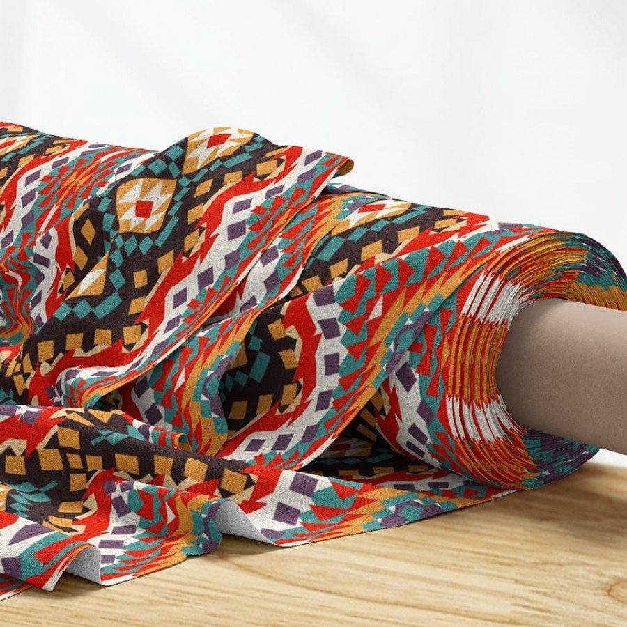El Çizimi Kilim Geometrik Desenli Dijital Baskılı Kumaş