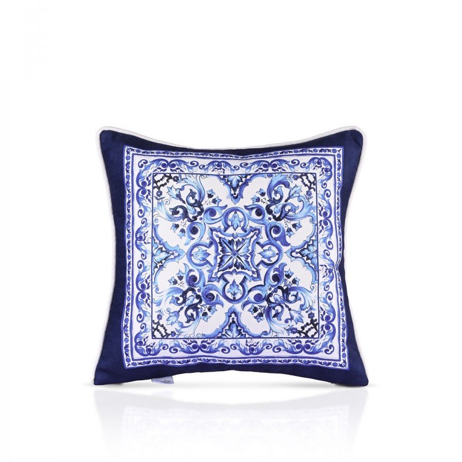 Mavi Çini Desen Tasarımlı Fitilli Kırlent Kılıfı - 43x43cm