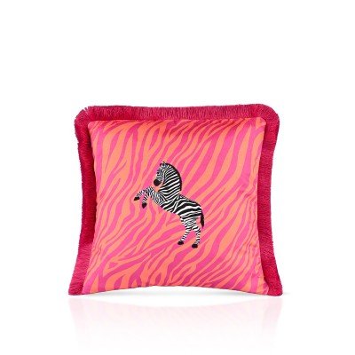 Fuşya Turuncu Zebra Tasarımlı Saçaklı Kadife Kırlent Kılıfı