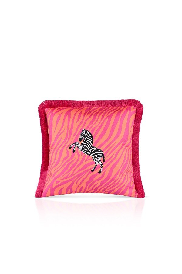 Fuşya Turuncu Zebra Tasarımlı Saçaklı Kadife Kırlent Kılıfı Fuşya Turuncu Zebra Tasarımlı Saçaklı Kadife Kırlent Kılıfı