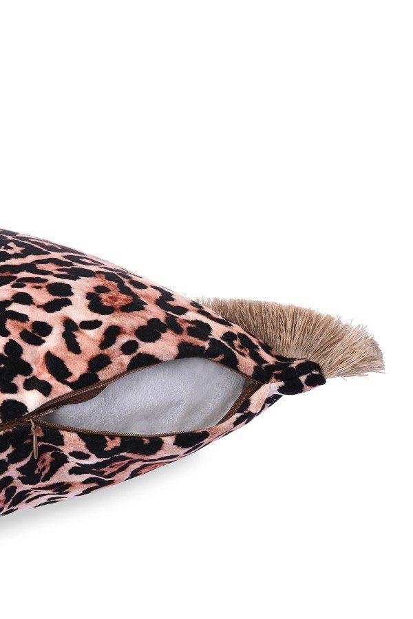 Leopar Desen Baskılı Kadife Kırlent Kılıfı Saçak Detaylı Leopar Desen Baskılı Kadife Kırlent Kılıfı Saçak Detaylı