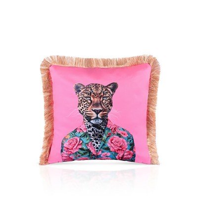 Leopar Desenli Pembe Kadife Saçaklı Dekoratif Kırlent Kılıfı 43x43 cm