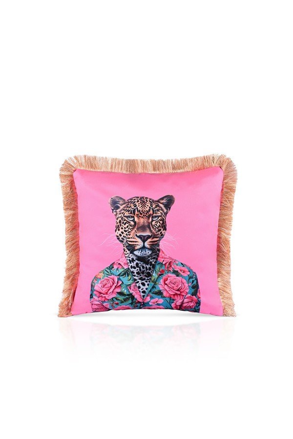 Leopar Desenli Pembe Kadife Saçaklı Dekoratif Kırlent Kılıfı 43x43 cm Leopar Desenli Pembe Kadife Saçaklı Dekoratif Kırlent Kılıfı 43x43 cm