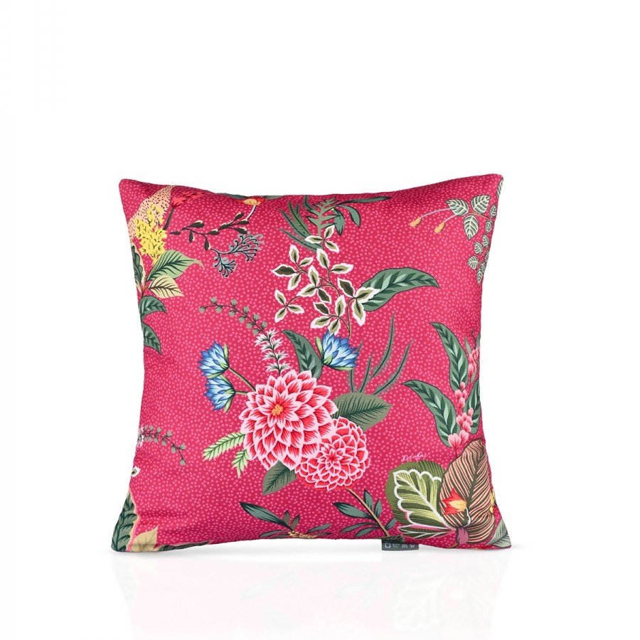 Pembe Zemin Botanik Çiçekler Tasarımlı Kırlent Kılıfı - 43x43 cm, Gizli Fermuarlı