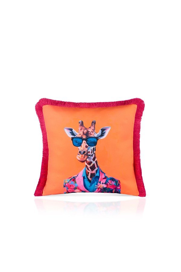 Tarz Sahibi Zürafa Tasarımlı Turuncu Kırlent Kılıfı Saçak Detaylı - 43x43cm Tarz Sahibi Zürafa Tasarımlı Turuncu Kırlent Kılıfı Saçak Detaylı - 43x43cm