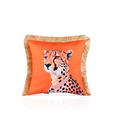 Zarif Leopar Tasarımlı Turuncu Kırlent Kılıfı Altın Saçak Detaylı - 43x43cm