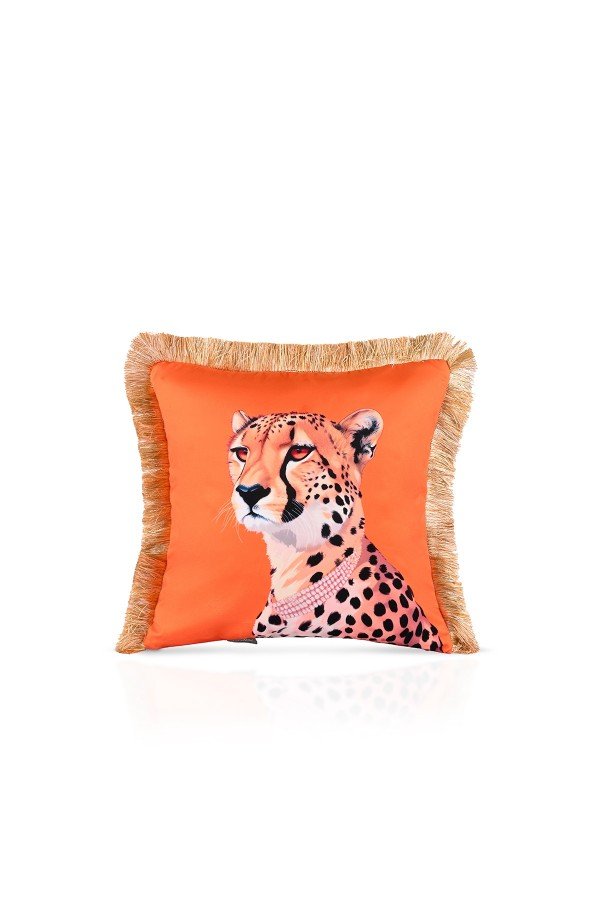 Zarif Leopar Tasarımlı Turuncu Kırlent Kılıfı Altın Saçak Detaylı - 43x43cm Zarif Leopar Tasarımlı Turuncu Kırlent Kılıfı Altın Saçak Detaylı - 43x43cm