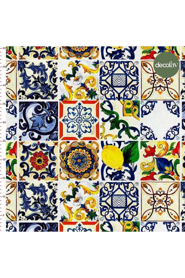  Sulu Boyalı Çini Limon Desenli Dijital Baskılı Kumaş