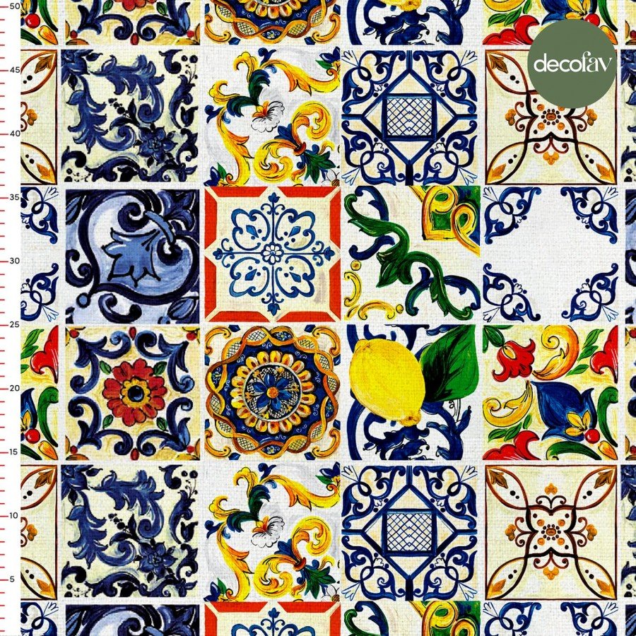  Sulu Boyalı Çini Limon Desenli Dijital Baskılı Kumaş