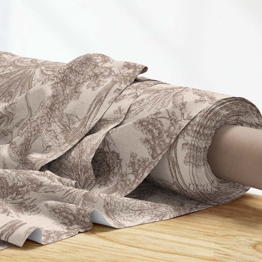 Bej Şıklığı Tropik Toile de Jouy Desenli Dijital Baskılı Kumaş