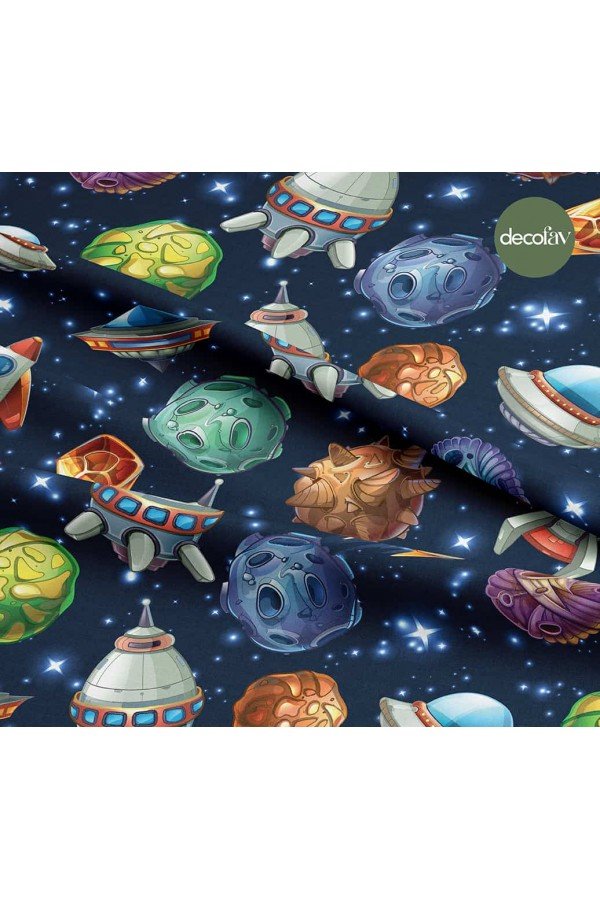 Uzay Temalı Gezegen Yıldız Ufo Roket Desenli Dijital Baskılı Kumaş
