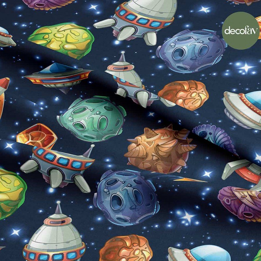 Uzay Temalı Gezegen Yıldız Ufo Roket Desenli Dijital Baskılı Kumaş