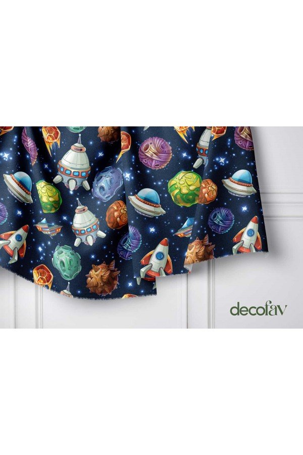 Uzay Temalı Gezegen Yıldız Ufo Roket Desenli Dijital Baskılı Kumaş Uzay Temalı Gezegen Yıldız Ufo Roket Desenli Dijital Baskılı Kumaş