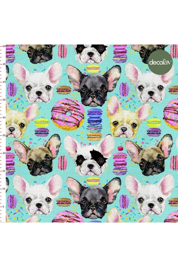 Mint Zemin Sulu Boya Köpek Donut Makaron Desenli Dijital Baskılı Kumaş