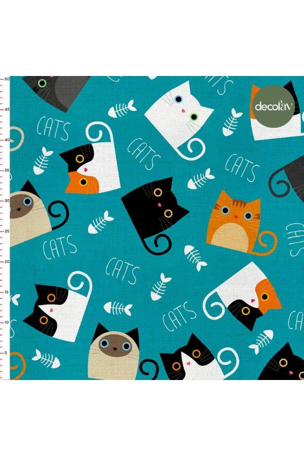 Mint Zeminli El Çizimi Kedi Desenli Dijital Baskılı Kumaş