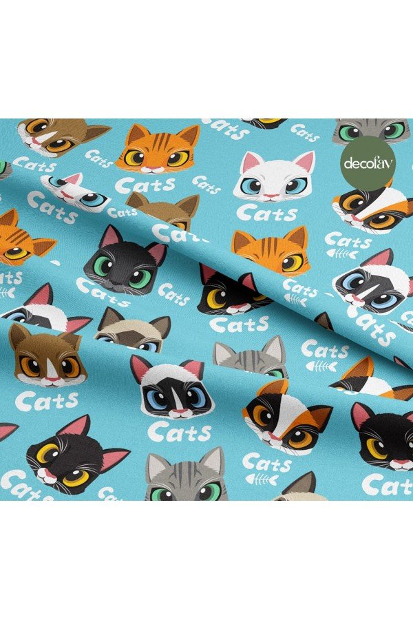 Mint Zeminli Kedi Desenli Dijital Baskılı Kumaş Mint Zeminli Kedi Desenli Dijital Baskılı Kumaş