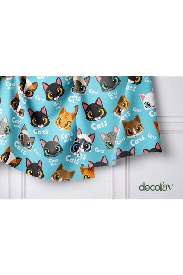 Mint Zeminli Kedi Desenli Dijital Baskılı Kumaş Mint Zeminli Kedi Desenli Dijital Baskılı Kumaş