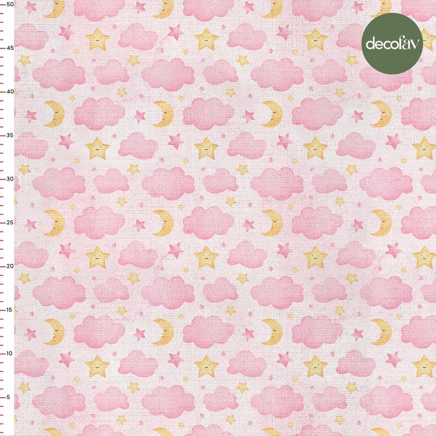Pembe Bulut Ay Yıldız Desenli Dijital Baskılı Kumaş