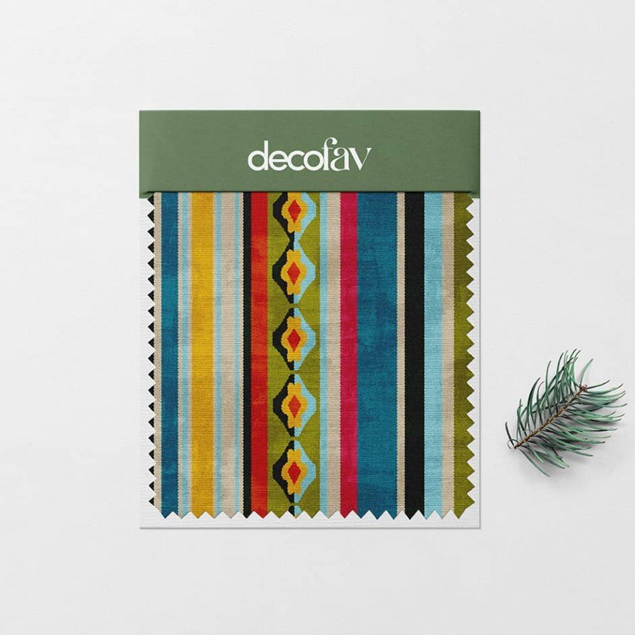 Etnik Çizgili Renkli Kilim Desenli Dijital Baskılı Kumaş
