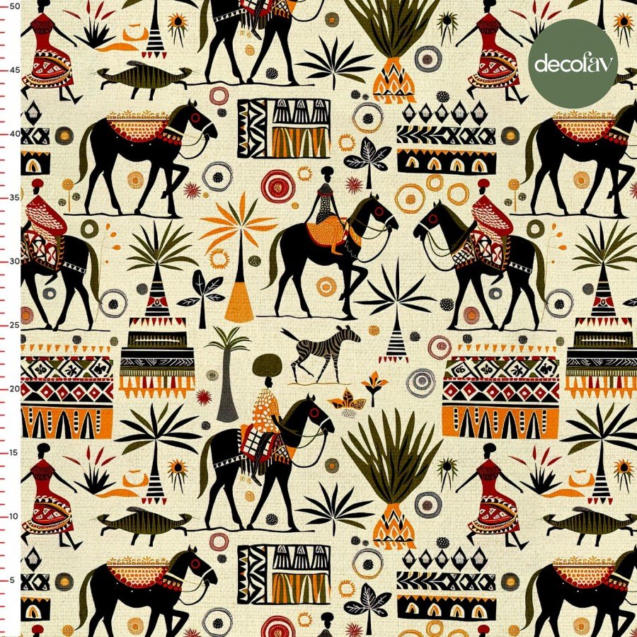 Afrika Kadınları At Zebra ve Etnik Motiflerle Bezenmiş Geometrik Renkli ve Dinamik Geometrik Desenli Dijital Baskılı Kumaş