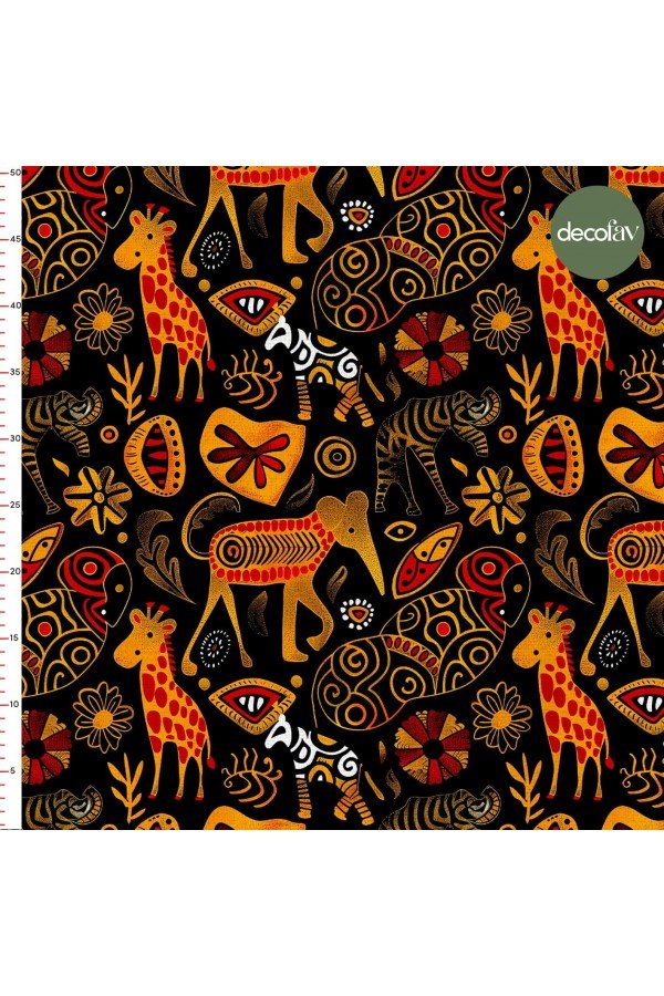 Afrika'nın Neşeli Hayvanları ve Çiçek Motifleri ile Renkli Desenli Dijital Baskılı Kumaş