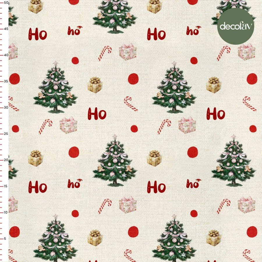 Yılbaşı Çam Ağacı Ve HO HO HO Temalı  Desenli Dijital Baskılı Kumaş