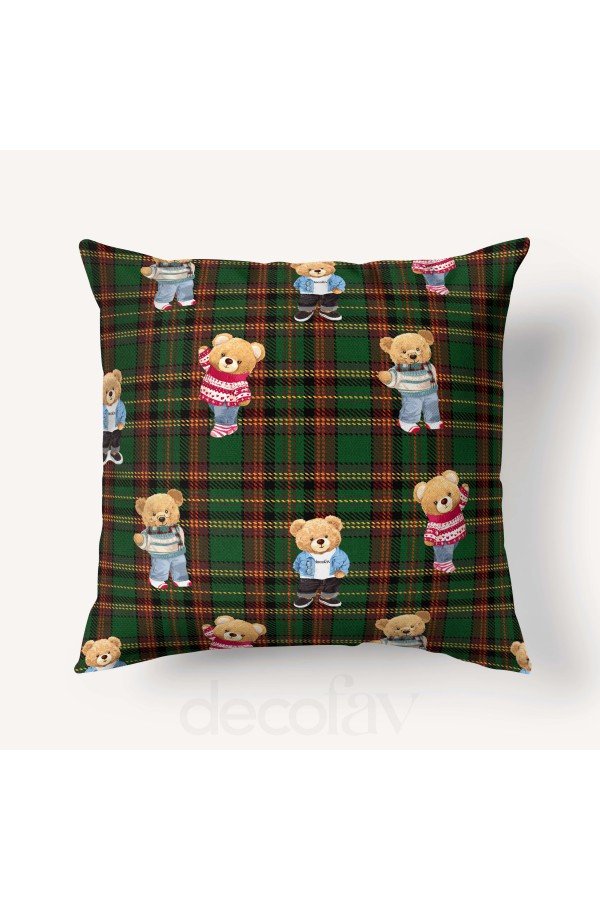 Kırlent Kılıfı Yeşil Ekose Zemin Üzeri Cool Teddy Desenli Dijital Baskılı Kırlent Kılıfı Yeşil Ekose Zemin Üzeri Cool Teddy Desenli Dijital Baskılı