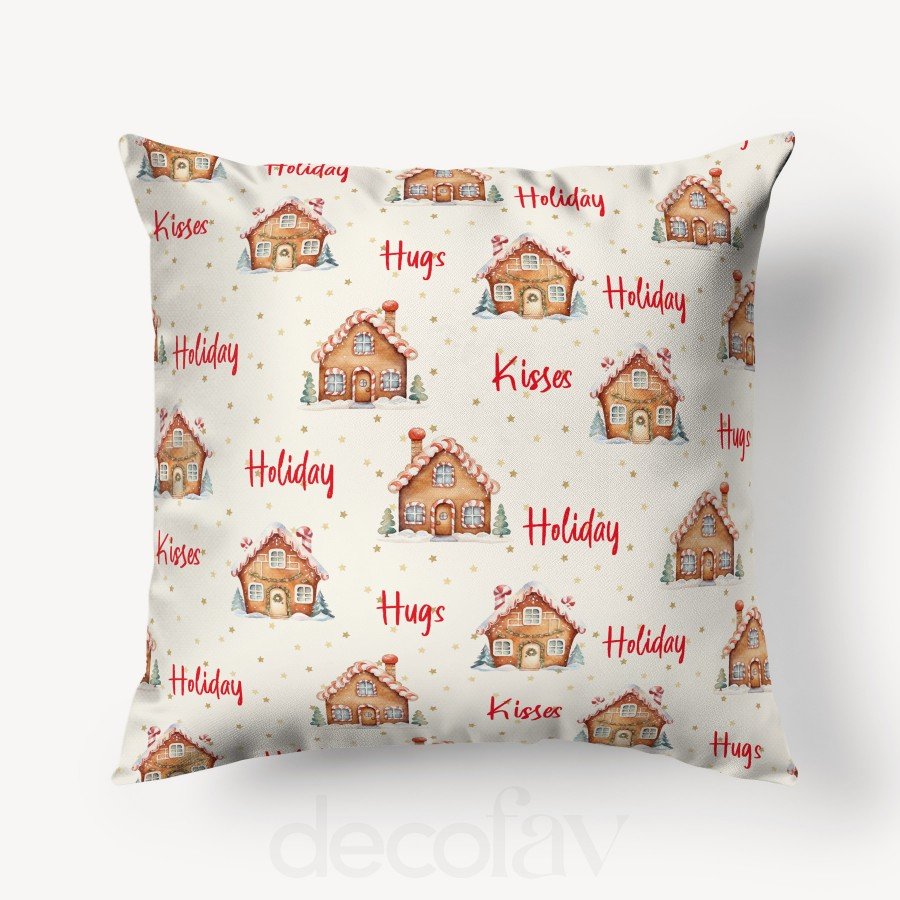 Kırlent Kılıfı Hugs Kises Holiday Sloganlı Kurabiye Ev Desenli Dijital Baskılı 