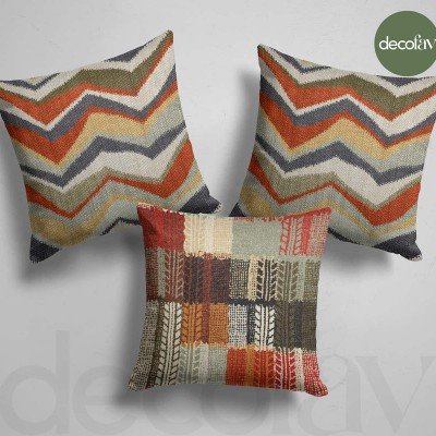 Kırlent Kılıfı Etnik Zigzag Desenli Kilim Dokulu 3 Adet Kombin Desenli Dijital Baskılı