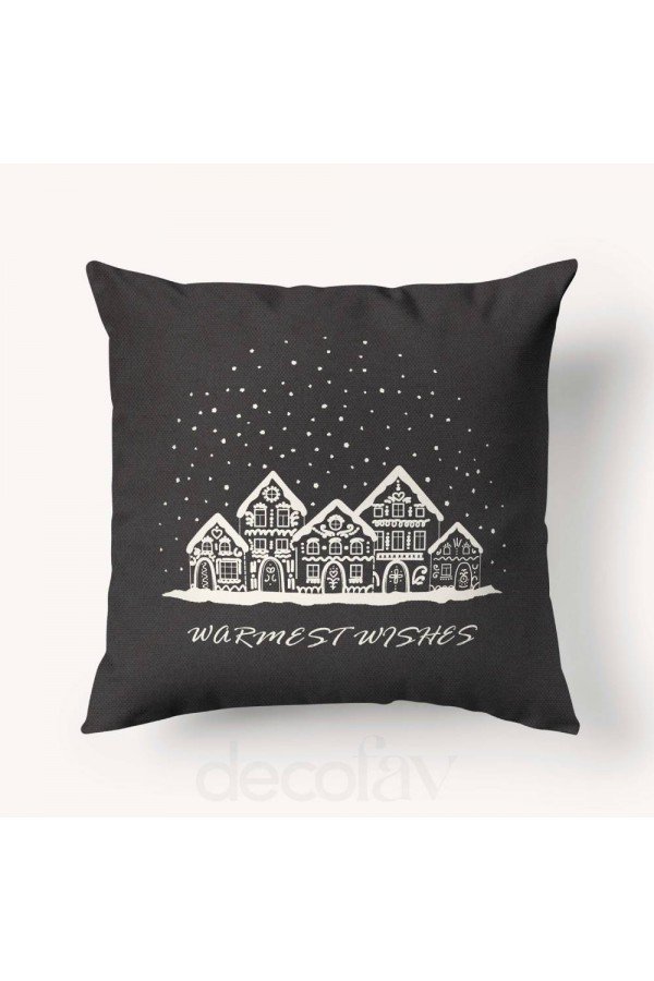 Kırlent Kılıfı Kar Taneleriyle Süslenmiş Ev Desenli Dijital Baskılı - Warmest Wishes Kırlent Kılıfı Kar Taneleriyle Süslenmiş Ev Desenli Dijital Baskılı - Warmest Wishes